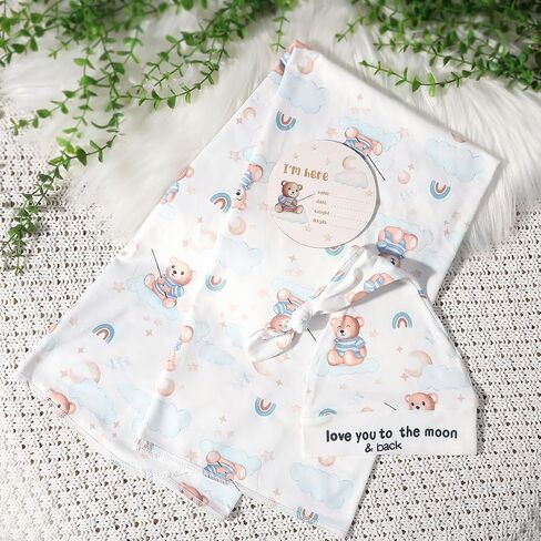 Ylsteed Baby Swaddle Blanket and Headband Set, Newborn Receiving Blanket Swaddle Wrap for Girls and Boys, Swaddling Blankets Neutral for Newborn， Soft and Skin-Friendly 32 * 32 inches (Blue Bear) in Kuwait