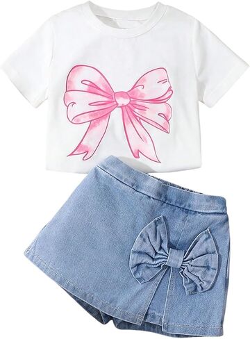 Verdusa Toddler Girl's 2 Piece Bowknot Outfits Summer Graphic Tees with Denim Skort Set in Kuwait