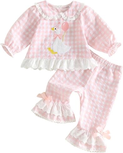 Toddler Girl Fall Clothes Long Sleeve Tops And Pants 2pcs Set | Birthday Girl Outfit Toddler Baby Ruffle Sleeve Silly Goose Tops+pants Little Girls Fall Winter Cake Smash Photoshoot Clothes in Kuwait