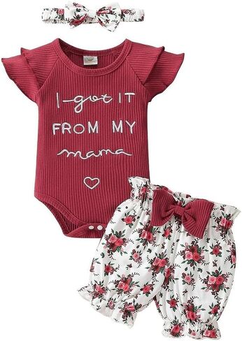 QITUDATEY Newborn Infant Baby Girls Clothes, Cute Summer Ruffle Romper Set | Baby Girls Outfits, Floral Shorts with HeadBand, Wine Red 3-6 Months in Kuwait