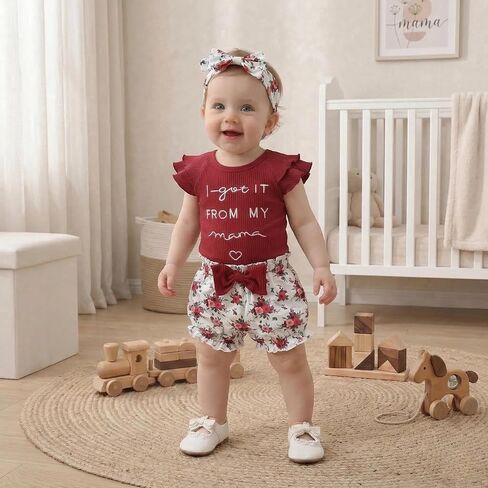 QITUDATEY Newborn Infant Baby Girls Clothes, Cute Summer Ruffle Romper Set | Baby Girls Outfits, Floral Shorts with HeadBand, Wine Red 3-6 Months in Kuwait