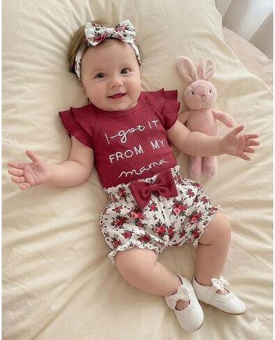 QITUDATEY Newborn Infant Baby Girls Clothes, Cute Summer Ruffle Romper Set | Baby Girls Outfits, Floral Shorts with HeadBand, Wine Red 3-6 Months in Kuwait
