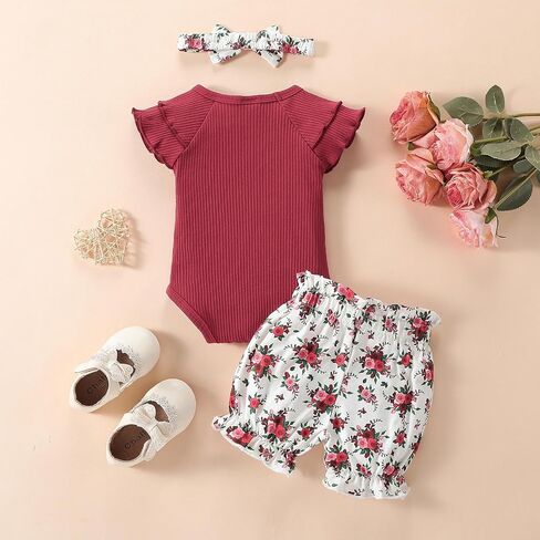 QITUDATEY Newborn Infant Baby Girls Clothes, Cute Summer Ruffle Romper Set | Baby Girls Outfits, Floral Shorts with HeadBand, Wine Red 3-6 Months in Kuwait