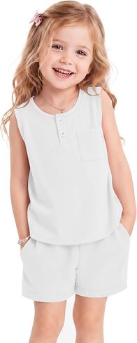Yooo's Vivi Toddler Girls' 2 Piece Summer Outfits | Henley, Sleeveless Vest, Tank Tops, Elastic Waist Shorts, with Pockets, Casual Basic Set, Summer, School, Daycare, Travel in Kuwait