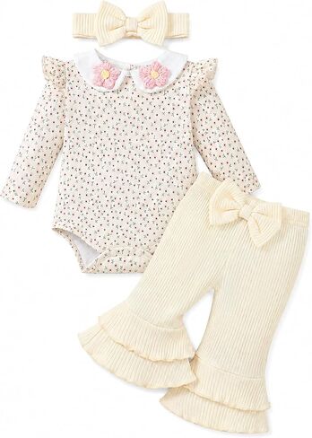 Renotemy Newborn Baby Girl Clothes Peter Pan Collar Outfit Preemie-12Months | Preemie Girl Clothes,Newborn Baby Fall Winter Outfit,Peter Pan Collar Bodysuit,Snap Button Design Romper,Bell Bottom Pants in Kuwait
