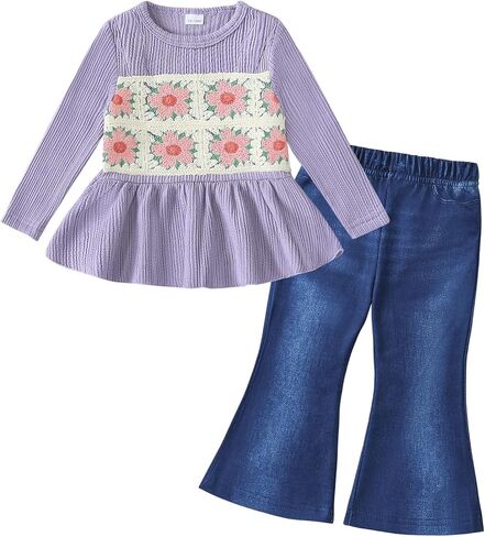 Baby Girl Clothes Toddler Crochet Shirts Flare Pants Outfits 12M-5T | Infant Bell Bottom Outfit for Girl,Fall Winter Floral Patchwork Ruffle Tops Jeans Girls Clothing Sets,Cute Kids Clothes Gifts in Kuwait