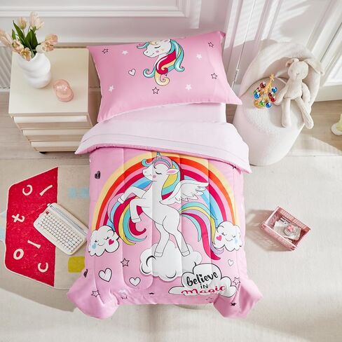4 Pieces Toddler Bedding Set for Girls - Pink Unicorn Cartoon Stars Rainbow Print Cute Princess Bed in a Bag - Comforter Set, Fitted Sheet, Flat Sheet, Pillowcase in Kuwait