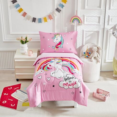 4 Pieces Toddler Bedding Set for Girls - Pink Unicorn Cartoon Stars Rainbow Print Cute Princess Bed in a Bag - Comforter Set, Fitted Sheet, Flat Sheet, Pillowcase in Kuwait