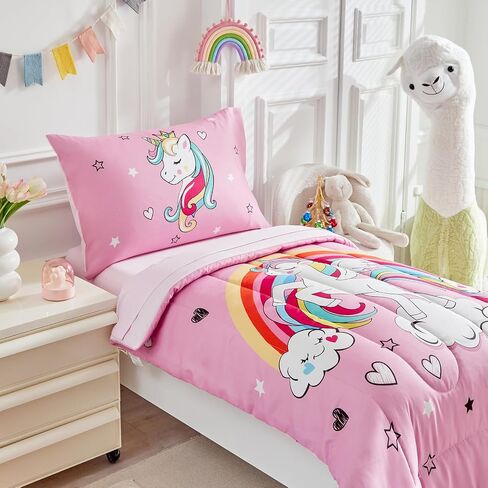 4 Pieces Toddler Bedding Set for Girls - Pink Unicorn Cartoon Stars Rainbow Print Cute Princess Bed in a Bag - Comforter Set, Fitted Sheet, Flat Sheet, Pillowcase in Kuwait