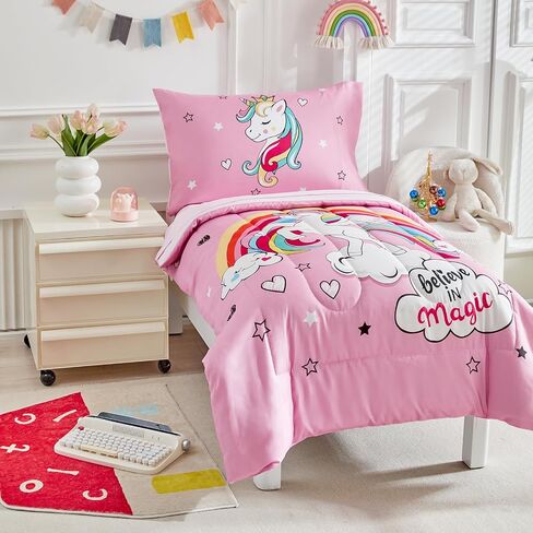 4 Pieces Toddler Bedding Set for Girls - Pink Unicorn Cartoon Stars Rainbow Print Cute Princess Bed in a Bag - Comforter Set, Fitted Sheet, Flat Sheet, Pillowcase in Kuwait