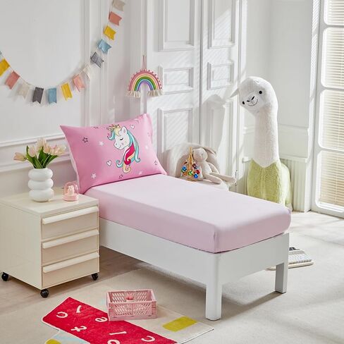 4 Pieces Toddler Bedding Set for Girls - Pink Unicorn Cartoon Stars Rainbow Print Cute Princess Bed in a Bag - Comforter Set, Fitted Sheet, Flat Sheet, Pillowcase in Kuwait