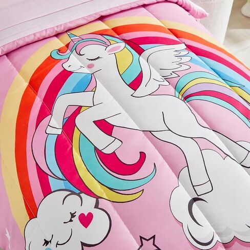 4 Pieces Toddler Bedding Set for Girls - Pink Unicorn Cartoon Stars Rainbow Print Cute Princess Bed in a Bag - Comforter Set, Fitted Sheet, Flat Sheet, Pillowcase in Kuwait