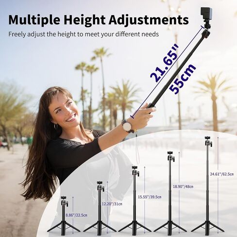 Mini Tripod for Camera, 24.61"/62.5cm Tripod Selfie Stick with 5 Levels Adjustment 360° Ball Head 1/4" Screw Desktop for DJI Osmo Pocket3 Vlog Handle Grip Insta360 Action 5 Pro/4/3 Camera in Kuwait