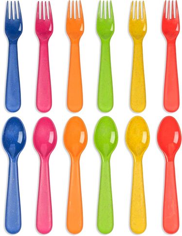 PLASKIDY Wheat Straw Toddler Utensils Set of 12 - Kids Forks and Kids Spoons BPA Free/Dishwasher Safe Kids Utensils Cutlery Set Brightly Colored Toddlers Silverware Set in Kuwait