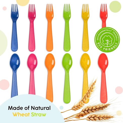 PLASKIDY Wheat Straw Toddler Utensils Set of 12 - Kids Forks and Kids Spoons BPA Free/Dishwasher Safe Kids Utensils Cutlery Set Brightly Colored Toddlers Silverware Set in Kuwait