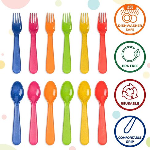PLASKIDY Wheat Straw Toddler Utensils Set of 12 - Kids Forks and Kids Spoons BPA Free/Dishwasher Safe Kids Utensils Cutlery Set Brightly Colored Toddlers Silverware Set in Kuwait