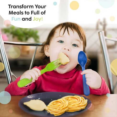 PLASKIDY Wheat Straw Toddler Utensils Set of 12 - Kids Forks and Kids Spoons BPA Free/Dishwasher Safe Kids Utensils Cutlery Set Brightly Colored Toddlers Silverware Set in Kuwait