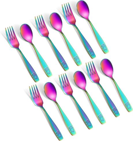 Kids Stainless Steel Fork and Spoon Set, 12 Pieces, Silver | Nickel-free stainless steel, bear engraving, toddler-size handles, dishwasher safe, for home or preschool, 24M+ in Kuwait