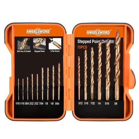 ANGELSWORD M35 Cobalt Stepped Point Tip Drill Bit, 15 PCS(1/16"-3/8"), Titanium Coated Drill bit, for Steel, Cast Iron, Aluminum, Brass, Acrylics in Kuwait