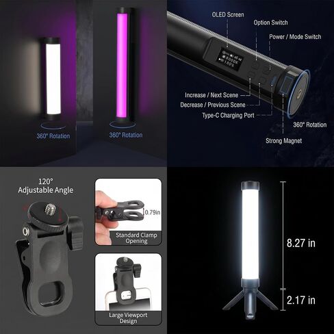 Portable 360° Rotatable Magnetic RGB LED Light Wand, APP Control 0-360° Full Color Adjustable Rechargeable Fill Light, 21 Effects, Bring Clip & Tripod for Phone Camera Live Stream Makeup Shooting in Kuwait