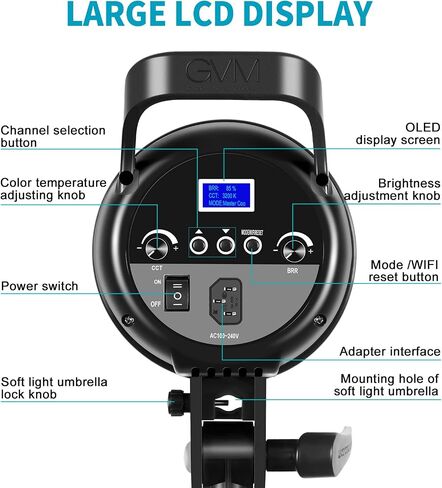 GVM LED Video Light 100W CRI97+/3200K~5600K Bowens Mount Led Continuous Video Light, with APP Intelligent Control System, for Video Recording,Children Photography,Wedding,Outdoor Shooting in Kuwait