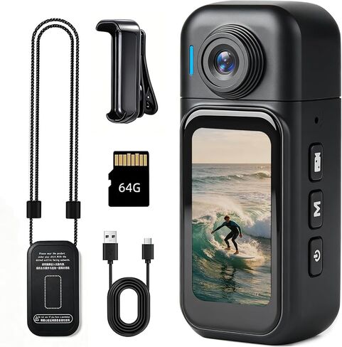 1080P Mini Body Camera - 64GB Action Camera Portable POV Cam with Magnetic Necklace 360° Rotatable Clip for Vlogging Work Travel Baseball Fishing Party(Black) in Kuwait
