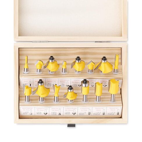 15Pcs Router Bit Set 1/4" Shank C3 Carbide Woodworking Kit | 15 piece router bit kit, 1/4 inch shank, C3 carbide blades, wooden storage case, beginner DIY woodworking, all in one kit in Kuwait