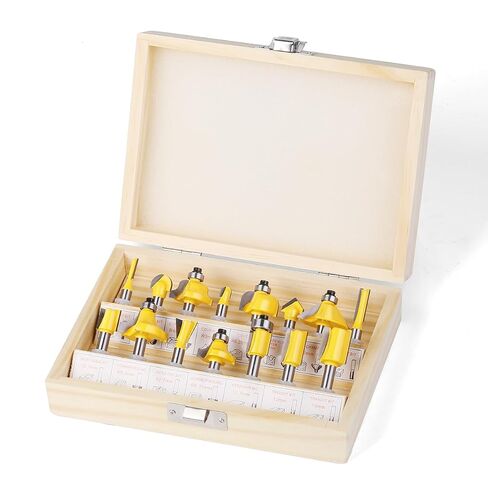 15Pcs Router Bit Set 1/4" Shank C3 Carbide Woodworking Kit | 15 piece router bit kit, 1/4 inch shank, C3 carbide blades, wooden storage case, beginner DIY woodworking, all in one kit in Kuwait