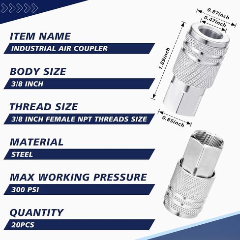 20 Pcs 3/8 High Flow Air Fittings 3/8 Inch Female Quick Connect Air Coupler Industrial M-type Coupler for Atmosphere Compressor Accessories Fittings Set(Silver) in Kuwait