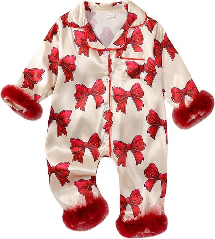 fyclemt Baby Girl Silk Pajama Bow Feather Trim Sleeve Button Romper One Piece Jumpsuit Newborn Satin Pjs Sleepwear Nightgown in Kuwait