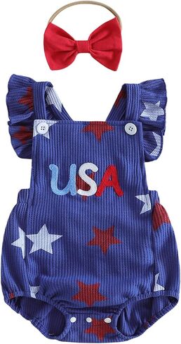 YINGISFITM 4th of July Baby Girl Outfits Fly Sleeve Usa Overalls Stars Romper Jumpsuit First Fourth of July Newborn Clothes in Kuwait