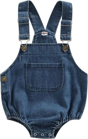 Newborn Jeans Overalls Baby Boy Girl Denim Romper Sleeveless Strap Button Smocked Jumpsuit One Piece Infant Clothes in Kuwait