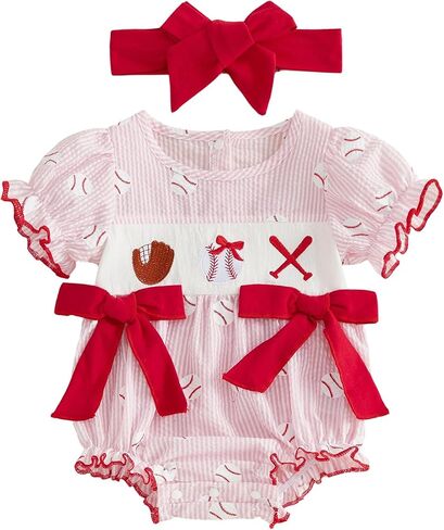 Newborn Baby Girl Baseball Clothes Baseball Embroidery Smocked Bubble Romper Short Sleeve Striped Bodysuit Headband in Kuwait