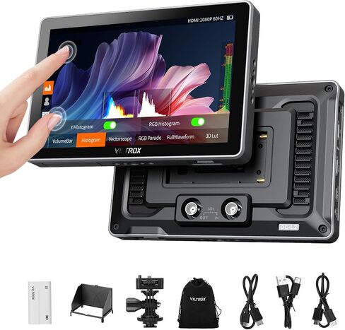 VILTROX DC-X2 2000 Nits Video Field Monitor with Rig Cage, 6 inch Touchscreen 4K HDMI in/Out On Camera Monitor with Sunshade Hood Battery, 1920X1080 HD Focus Peaking 3D Lut Full Waveform RGB Parada in Kuwait