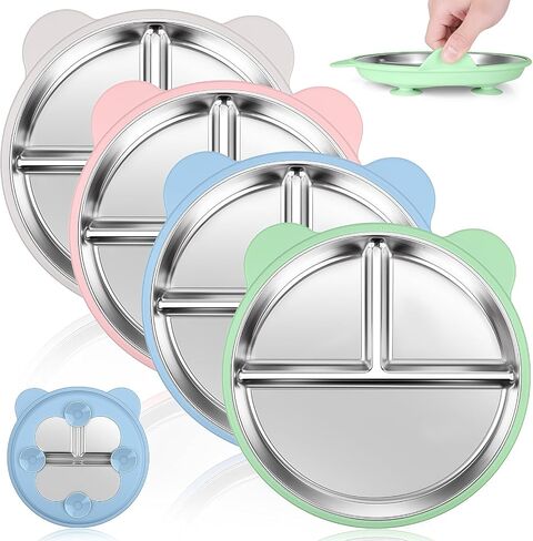 4 Pack Stainless Steel Toddler Plates with Suction - 9" Kids Divided Plates Removable Silicone Sleeves for Baby Led Weaning, Bear Ear Design Non Slip BPA-Free Dishwasher Safe in Kuwait