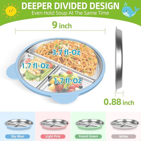 4 Pack Stainless Steel Toddler Plates with Suction - 9" Kids Divided Plates Removable Silicone Sleeves for Baby Led Weaning, Bear Ear Design Non Slip BPA-Free Dishwasher Safe in Kuwait