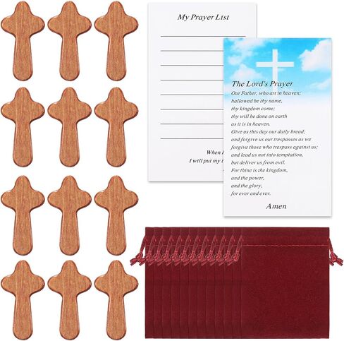 Queekay 50 Set Small Wooden Crosses in Bulk Hand Held Prayer Pocket Crosses Fidget with Velvet Pouch and Prayer Cards Jerusalem Christian Church Mental Health Gifts 2.56'' Mini Holding Crucifix in Kuwait