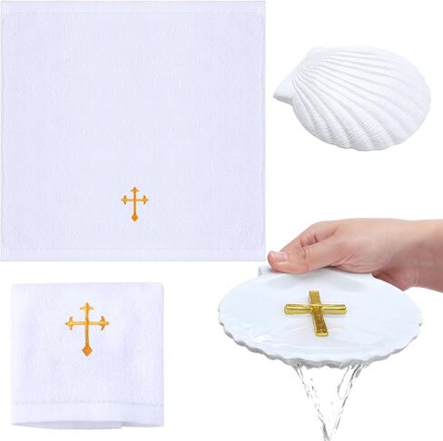 SmoothNovelty Baptism Towel Shell Set for Boys Girls Baptism Towel with Shell Set Baptismal Cloth Christening Towels with Embroidery Cross Baptismal Shells Gifts for Christening Party Favors(Gold) in Kuwait