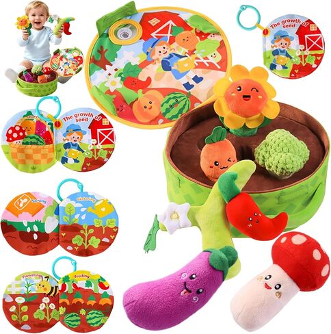 Baby Toys 6-12 Months, Baby Montessori Vegetable Garden Plush Toy Set Gift | Sensory Play, Soft Plush Figures, Includes Cloth Book, Pull & Harvest Play, Infant Learning Toy, Christmas Stocking Stuffers in Kuwait