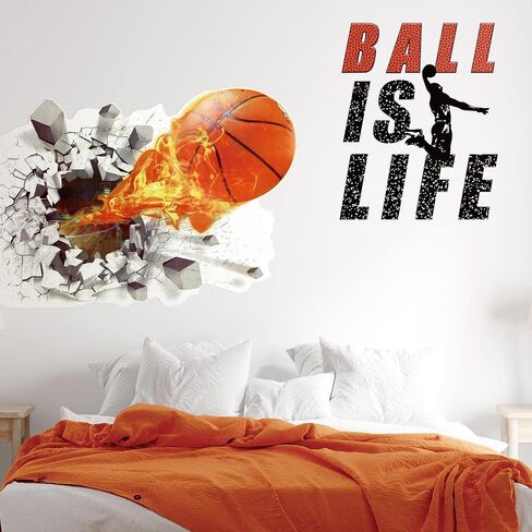 Gersoniel Basketball Wall Decor Gift 18 x 38 Inch 3D Self Adhesive Removable Basketball Wall Decal Stickers for Boys Bedroom Ball is Life Vinyl Dunk Silhouette Sticker Room Decor in Kuwait