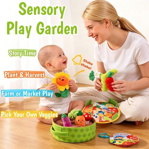 Baby Toys 6-12 Months, Baby Montessori Vegetable Garden Plush Toy Set Gift | Sensory Play, Soft Plush Figures, Includes Cloth Book, Pull & Harvest Play, Infant Learning Toy, Christmas Stocking Stuffers in Kuwait