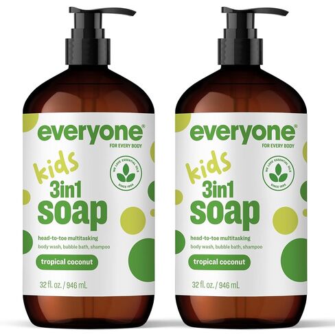 Everyone 3-in-1 Kids Soap, Tropical Coconut Shampoo & Body Wash, 32 oz 2pk | Bubble bath | shampoo | body wash in one | essential oils | tear-free | gentle for toddlers to teens | bulk value 2-pack in Kuwait