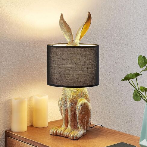 Rabbit Table Lamp with Black Fabric Shade, Gold Bunny Lamp for Bedroom Nightstand Desk, Nursery Lamp Bookshelf Lamp Animal Lamp, Cord Switch, 22.45" Tall, E26 1-Light Bulb Not Included in Kuwait