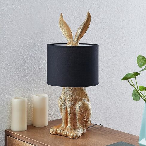 Rabbit Table Lamp with Black Fabric Shade, Gold Bunny Lamp for Bedroom Nightstand Desk, Nursery Lamp Bookshelf Lamp Animal Lamp, Cord Switch, 22.45" Tall, E26 1-Light Bulb Not Included in Kuwait