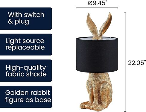 Rabbit Table Lamp with Black Fabric Shade, Gold Bunny Lamp for Bedroom Nightstand Desk, Nursery Lamp Bookshelf Lamp Animal Lamp, Cord Switch, 22.45" Tall, E26 1-Light Bulb Not Included in Kuwait