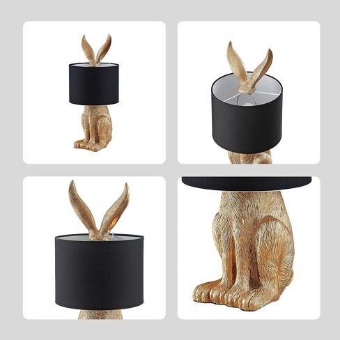 Rabbit Table Lamp with Black Fabric Shade, Gold Bunny Lamp for Bedroom Nightstand Desk, Nursery Lamp Bookshelf Lamp Animal Lamp, Cord Switch, 22.45" Tall, E26 1-Light Bulb Not Included in Kuwait