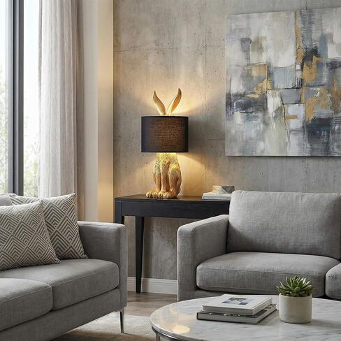 Rabbit Table Lamp with Black Fabric Shade, Gold Bunny Lamp for Bedroom Nightstand Desk, Nursery Lamp Bookshelf Lamp Animal Lamp, Cord Switch, 22.45" Tall, E26 1-Light Bulb Not Included in Kuwait