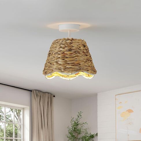 Rattan Ceiling Lights, Farmhouse Flush Mount Ceiling Lighting Fixtures 9.84" Boho Wicker Lamp with Handwoven Braided Natural Rattan Shade, 15W Bulb for Bedroom, Nursery, Hallway, Entryway, Kitchen in Kuwait