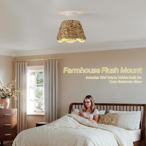 Rattan Ceiling Lights, Farmhouse Flush Mount Ceiling Lighting Fixtures 9.84" Boho Wicker Lamp with Handwoven Braided Natural Rattan Shade, 15W Bulb for Bedroom, Nursery, Hallway, Entryway, Kitchen in Kuwait