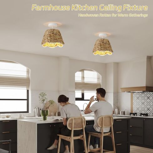 Rattan Ceiling Lights, Farmhouse Flush Mount Ceiling Lighting Fixtures 9.84" Boho Wicker Lamp with Handwoven Braided Natural Rattan Shade, 15W Bulb for Bedroom, Nursery, Hallway, Entryway, Kitchen in Kuwait